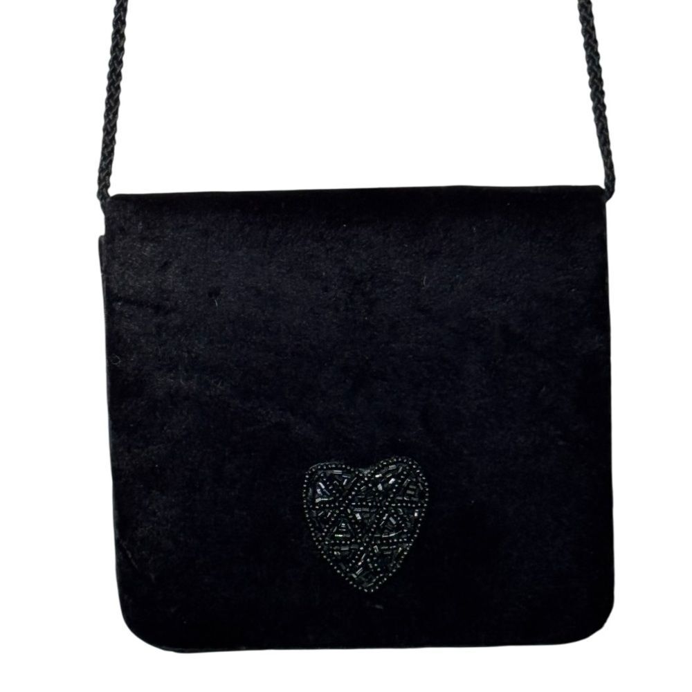 Chic Small Black Velvet Crossbody Bag with Beaded Heart Detail